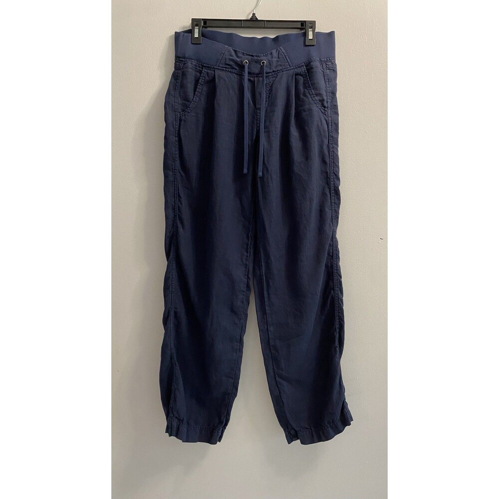 Athleta Linen Reverie Pants Sz 2 Navy Blue Drawstring Elastic Waist Wide Leg